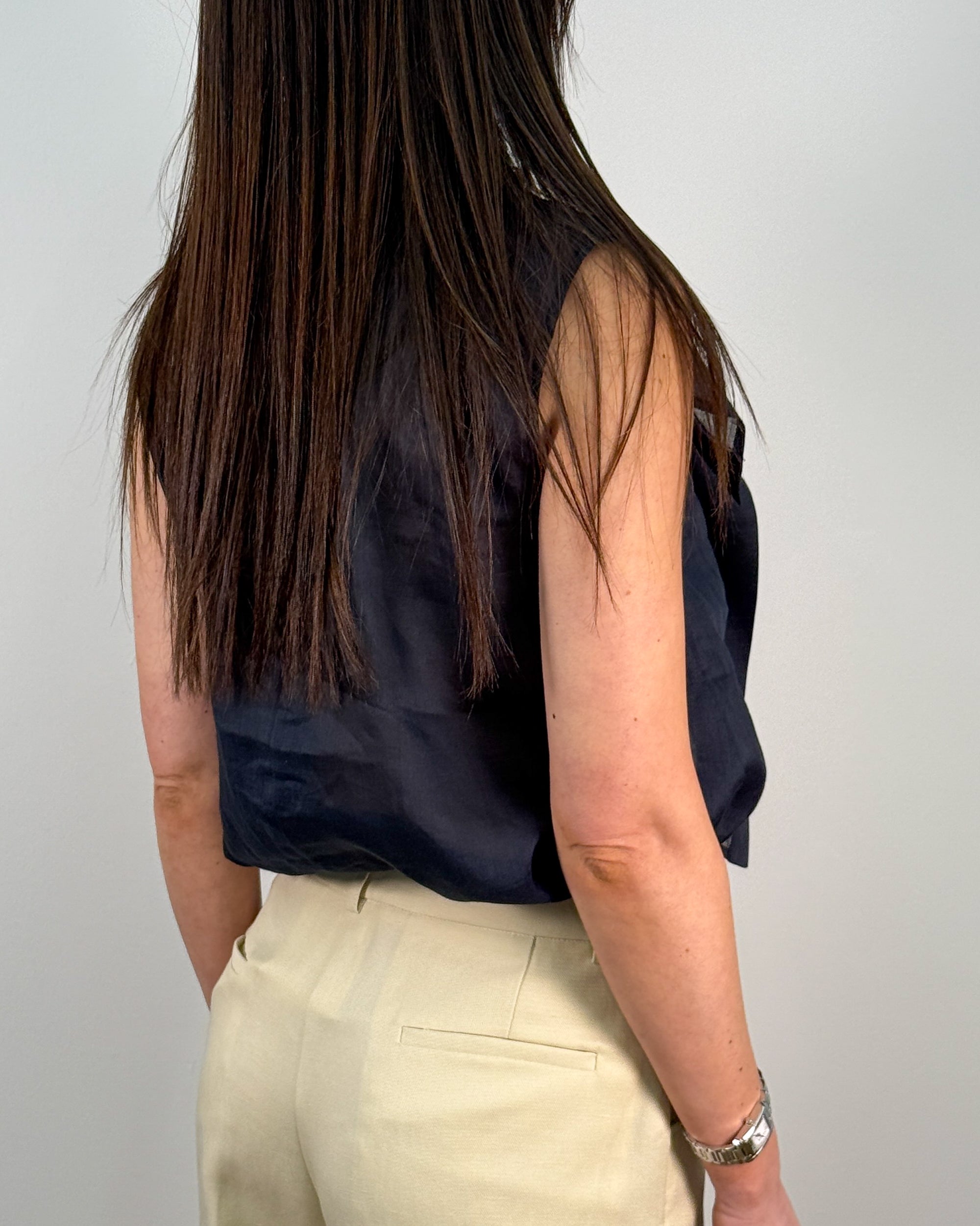 Blusa Smanicata con Volant in Rayon - Blu Comet | MEIMEIJ