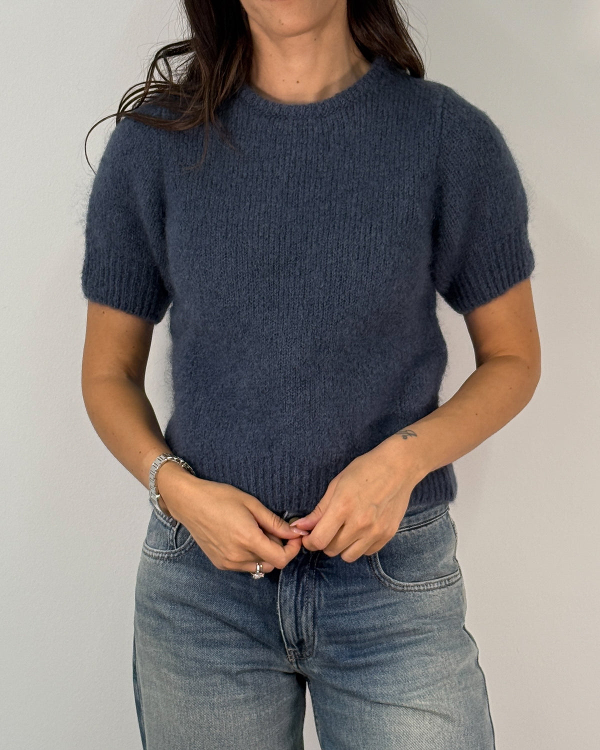 Maglia a Maniche Corte in Misto Mohair con Girocollo -Blu Denim