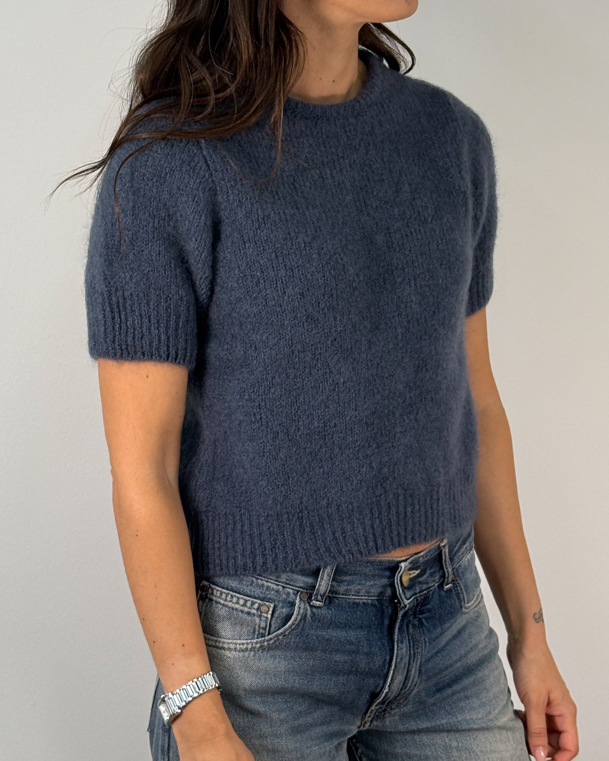Maglia a Maniche Corte in Misto Mohair con Girocollo -Blu Denim