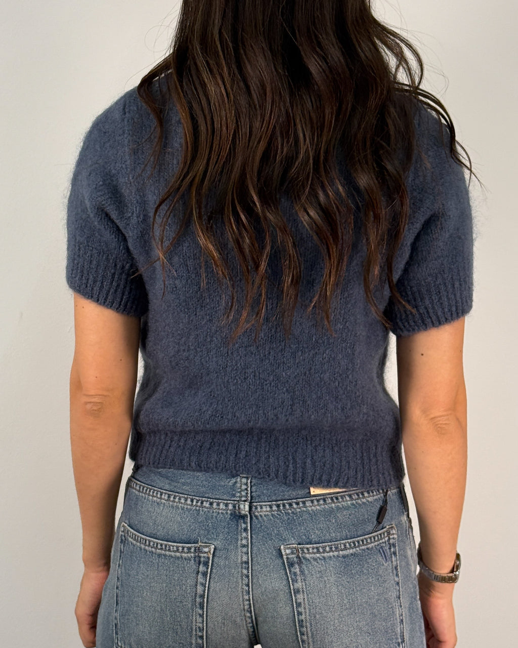 Maglia a Maniche Corte in Misto Mohair con Girocollo -Blu Denim