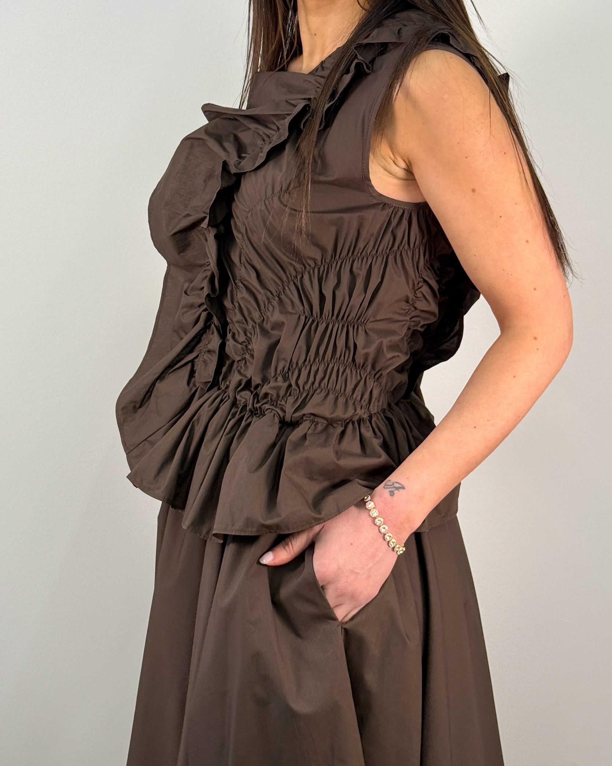 Abito in Cotone con Ruches Asimmetriche e Gonna Ampia - Moka | MEIMEIJ