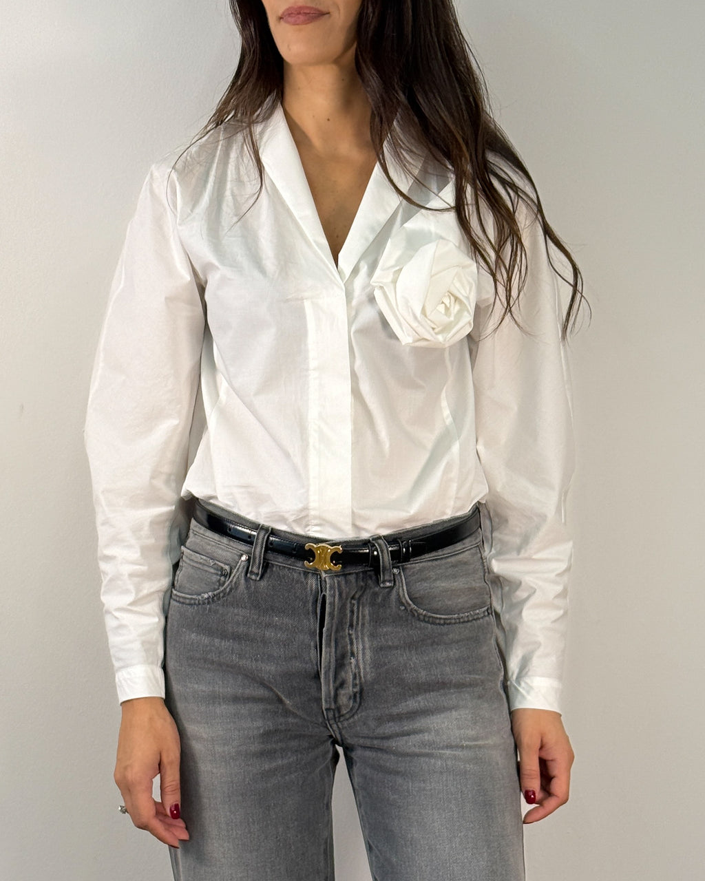 Camicia in Cotone con Rosa Applicata - Bianco