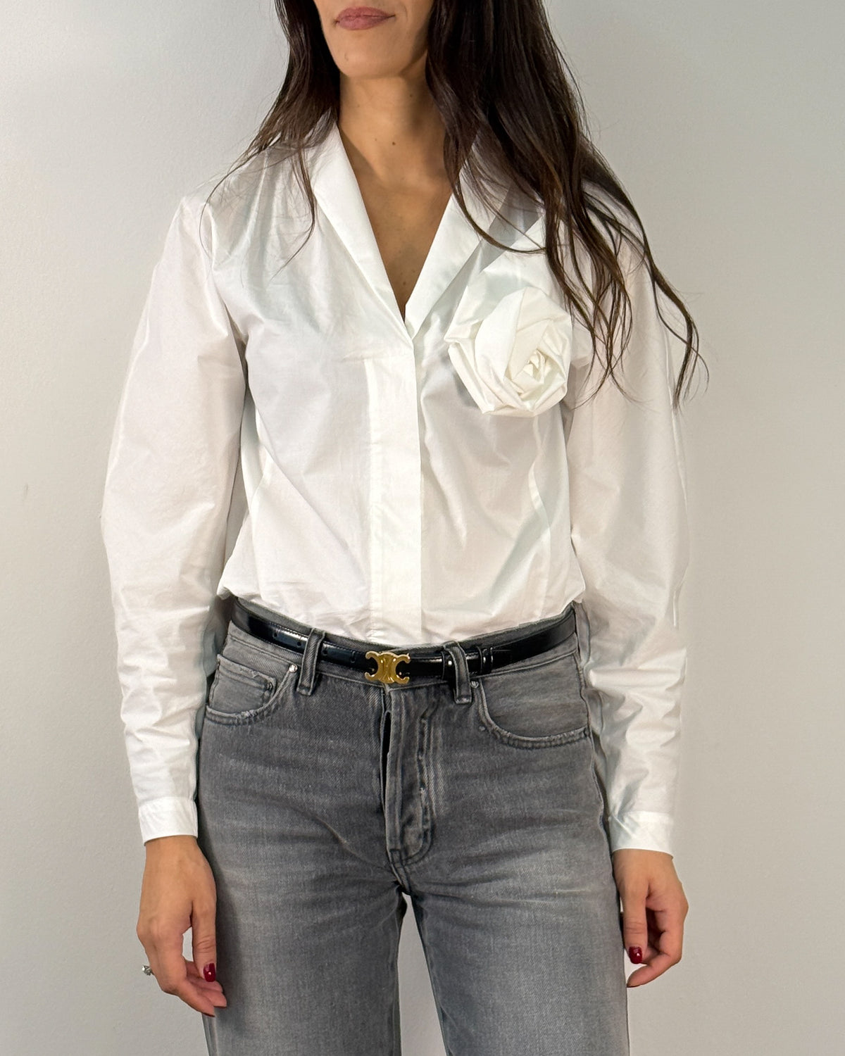 Camicia in Cotone con Rosa Applicata - Bianco