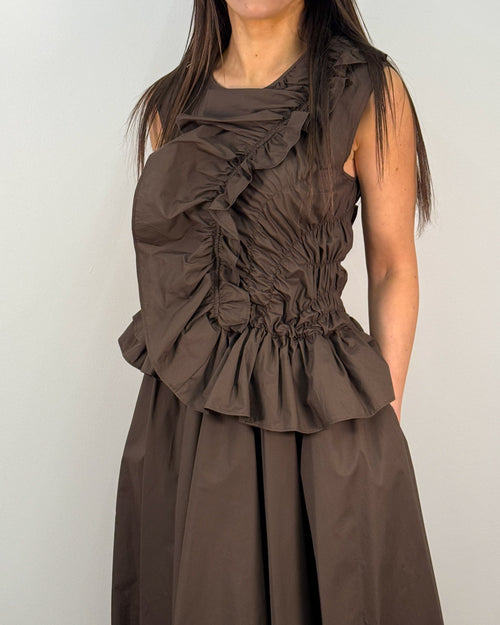 Abito in Cotone con Ruches Asimmetriche e Gonna Ampia - Moka | MEIMEIJ