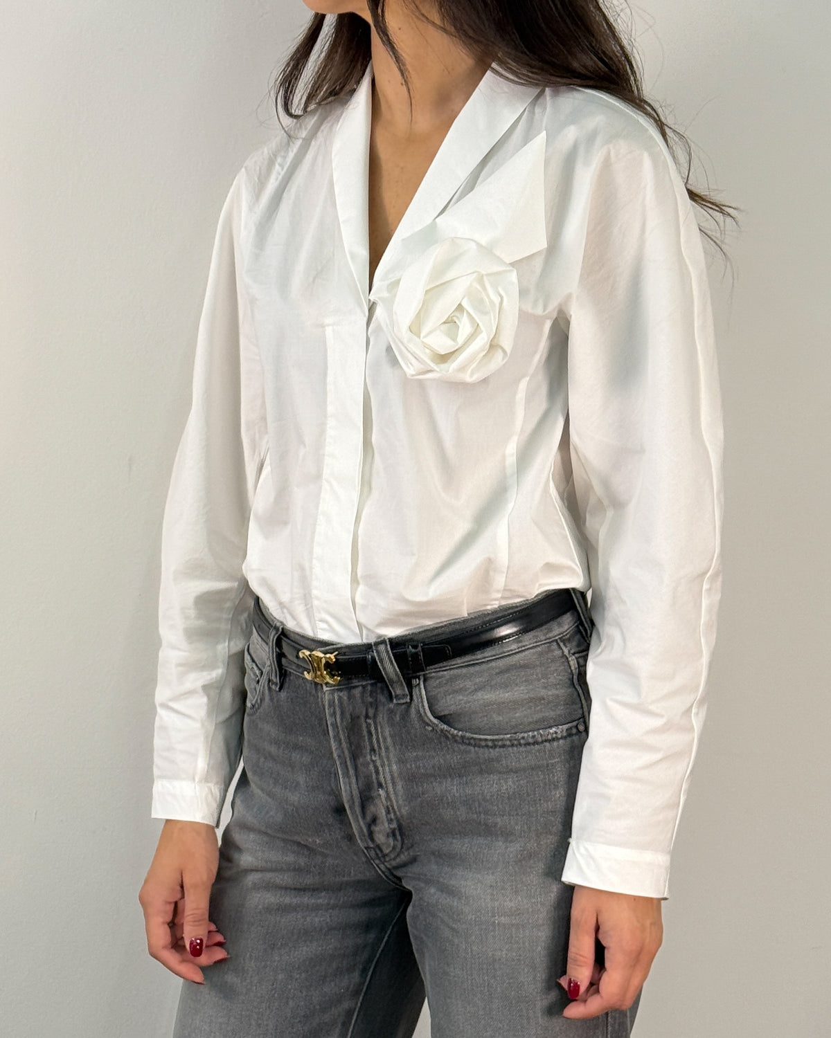Camicia in Cotone con Rosa Applicata - Bianco