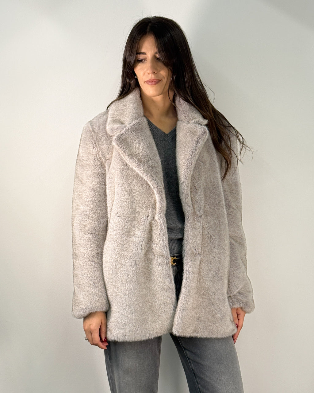 Cappotto in Ecopelliccia con Cintura in Vita - Oatmeal