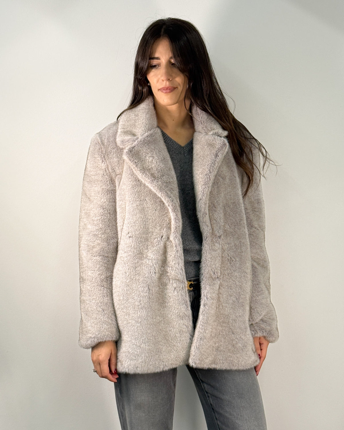 Cappotto in Ecopelliccia con Cintura in Vita - Oatmeal
