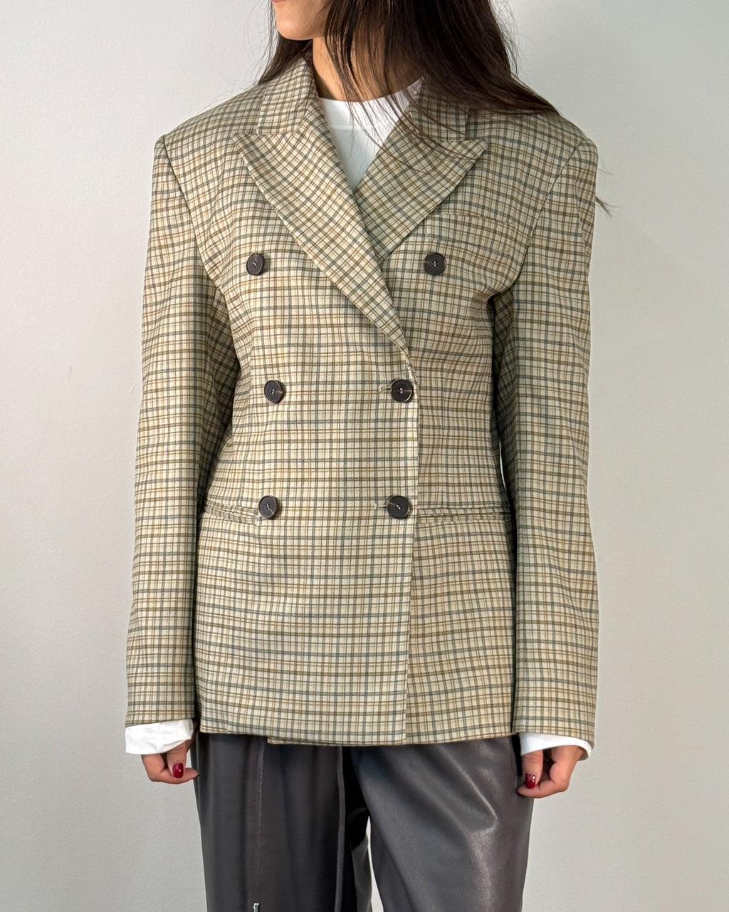 Blazer Doppiopetto in Tessuto Check Slim Fit - Oatmeal