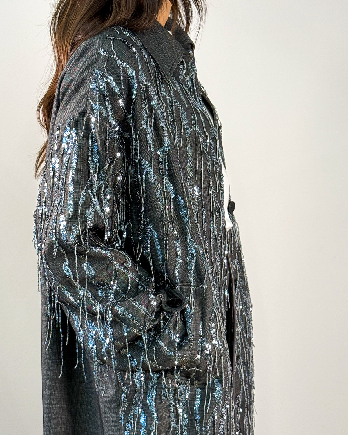 Cappotto Lungo in Tessuto Fiammato con Ricami e Paillettes - Antracite