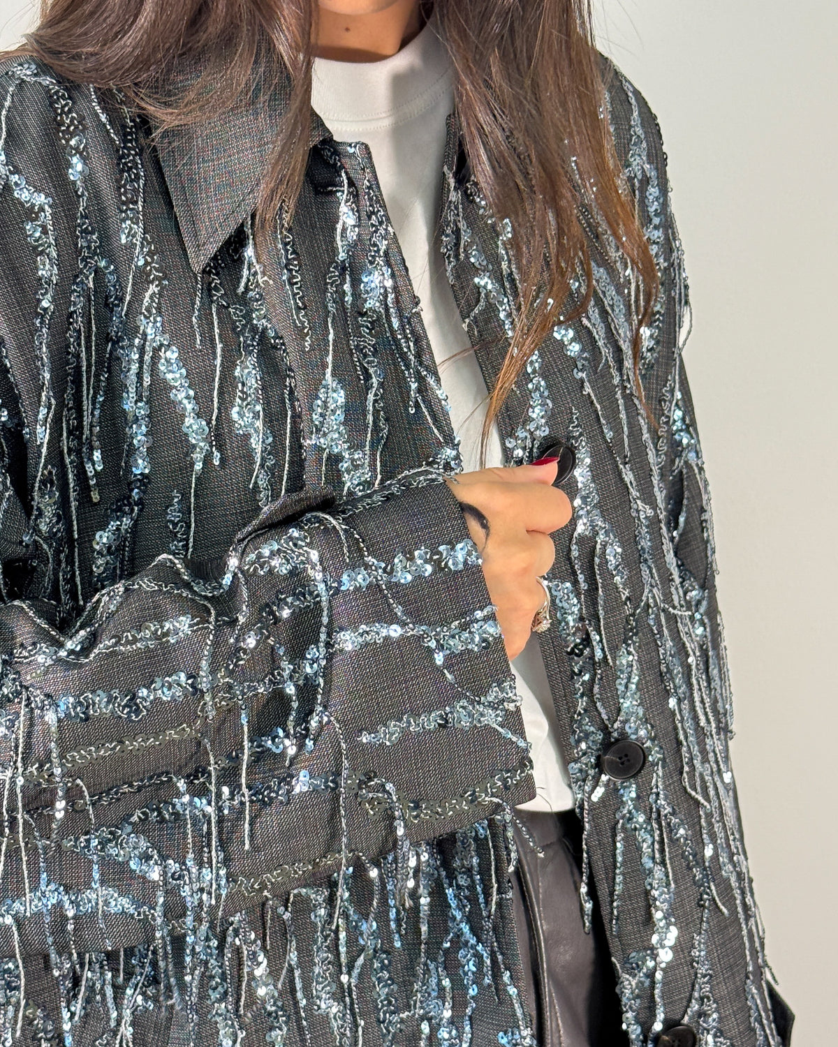 Cappotto Lungo in Tessuto Fiammato con Ricami e Paillettes - Antracite