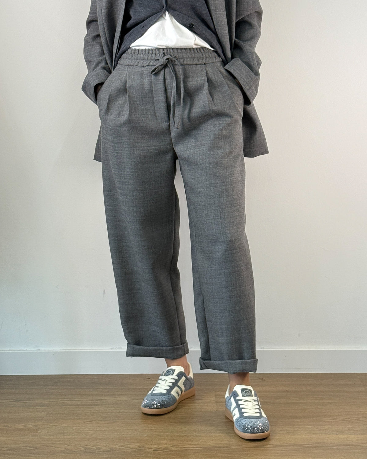 Pantalone in Lana Vergine con Elastico e Coulisse - Grigio Melange