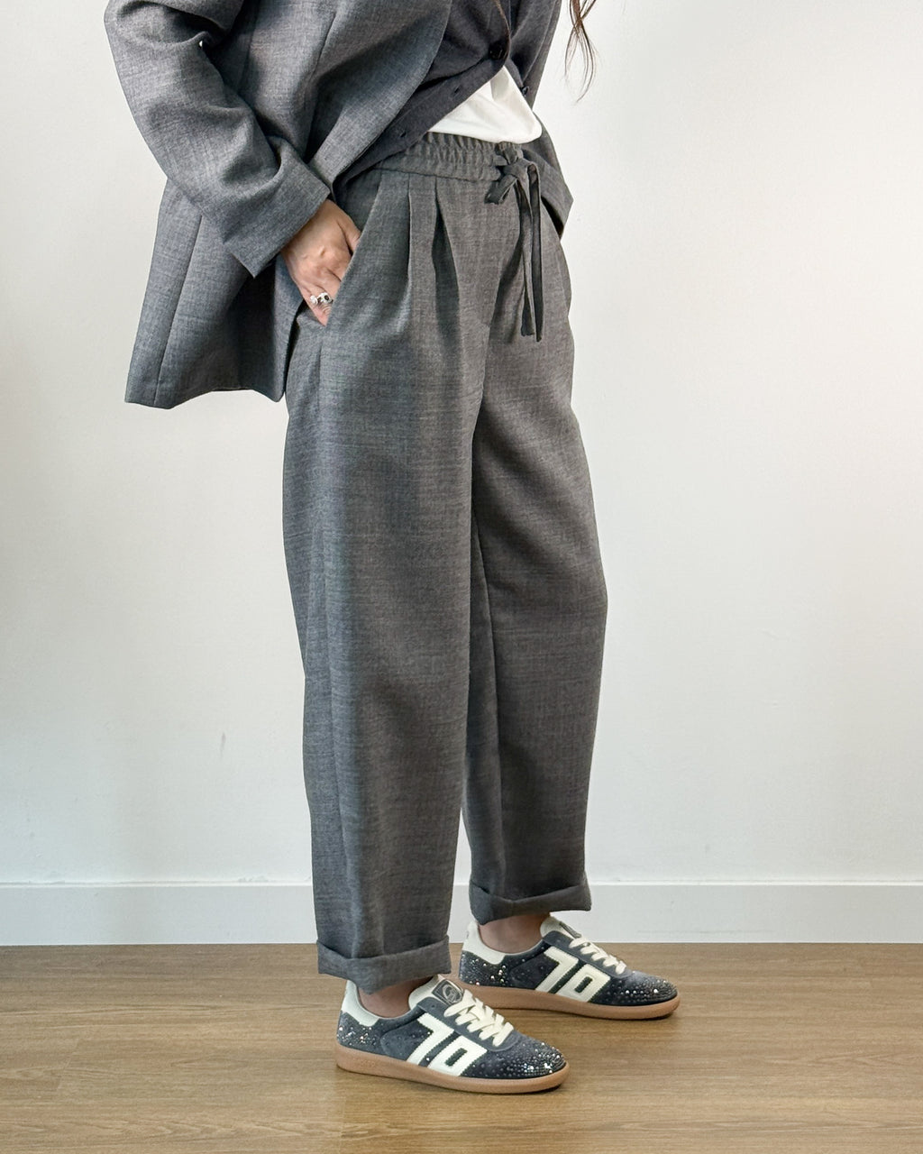Pantalone in Lana Vergine con Elastico e Coulisse - Grigio Melange