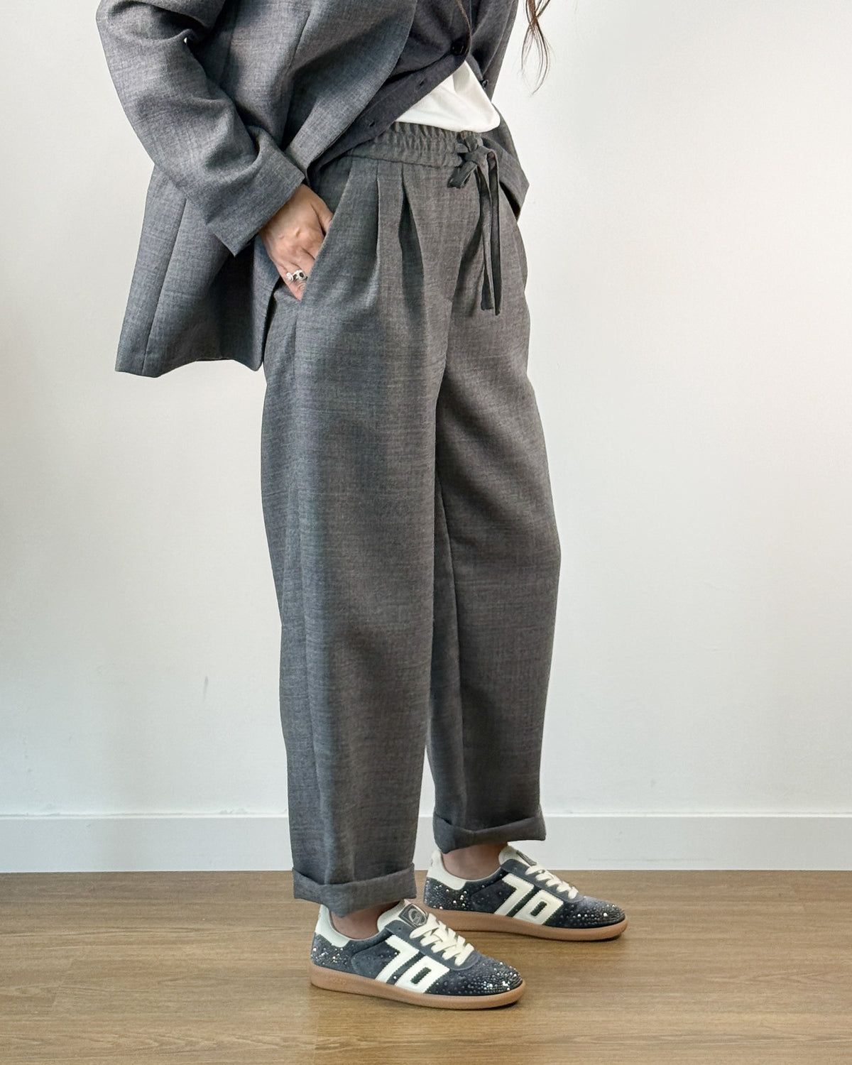 Pantalone in Lana Vergine con Elastico e Coulisse - Grigio Melange