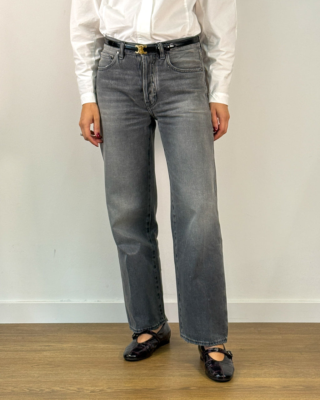 Jeans Dritti in Cotone Effetto Glossy - Grigio