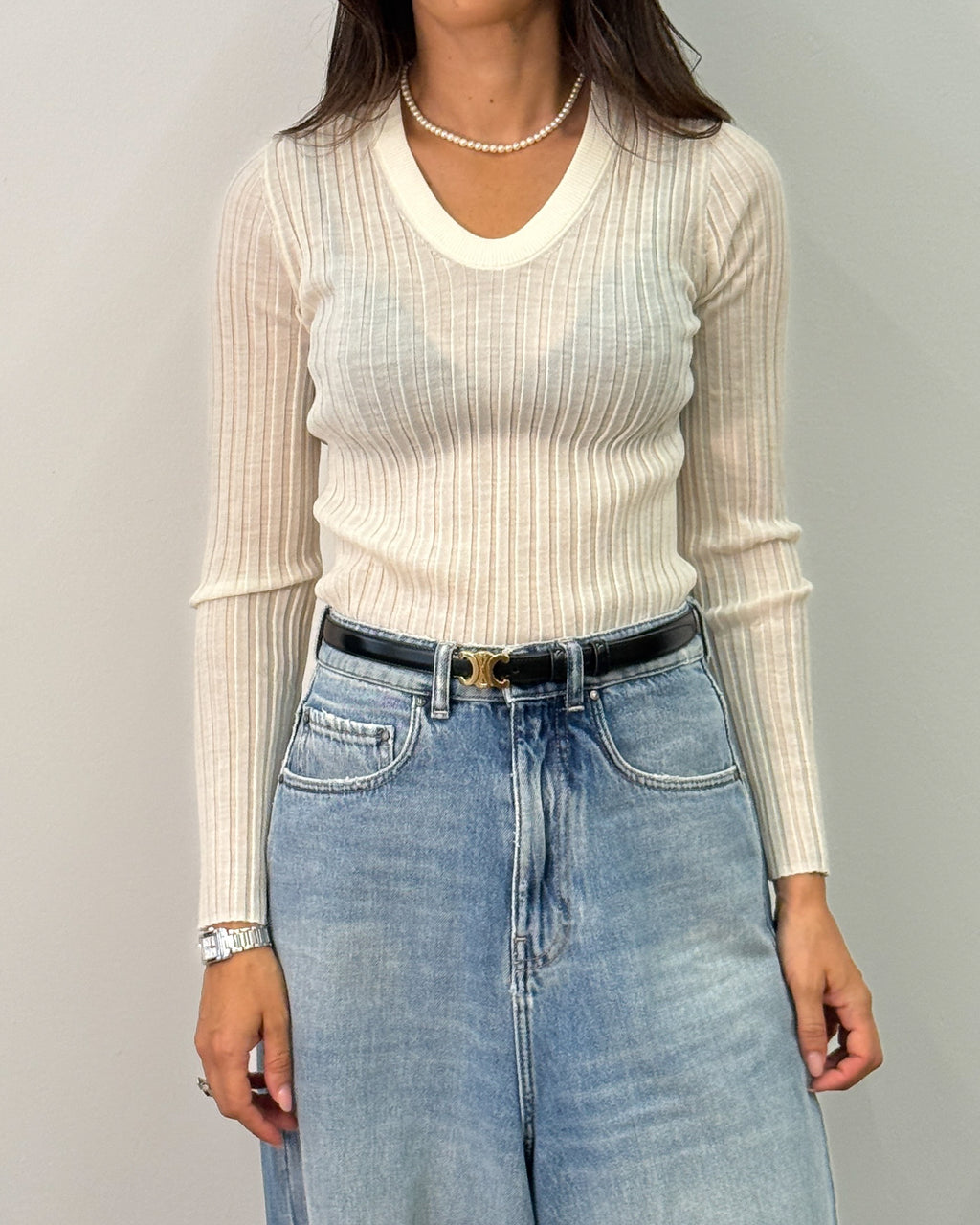 Maglia in Lana a Costa Larga con Scollo a U - Panna | ISABELLE BLANCHE PARIS