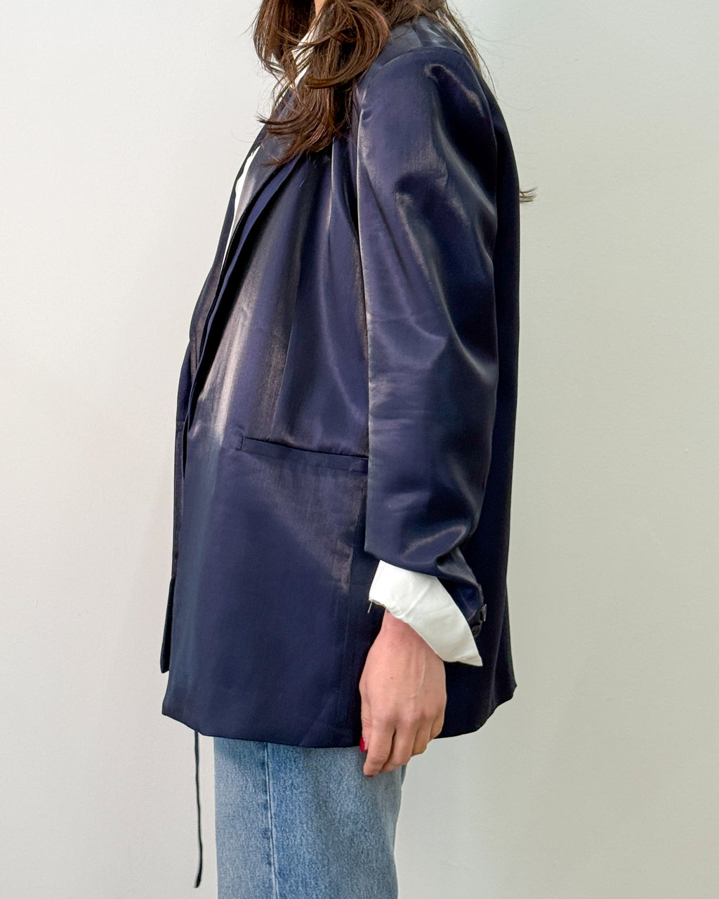 Blazer in Tessuto Lucido con Doppio Rever - Blue Navy