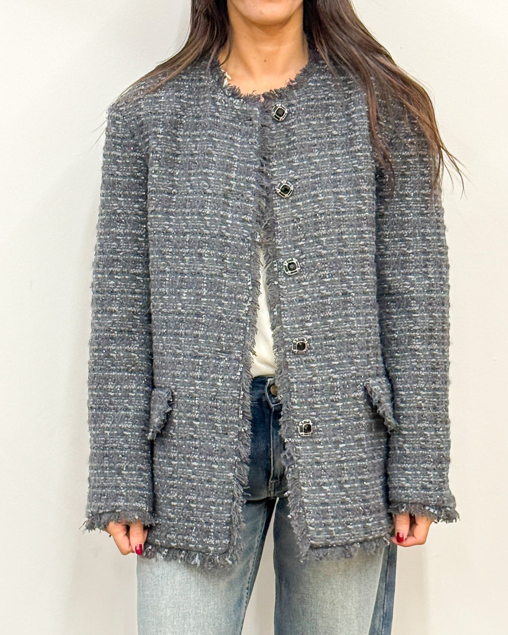 Giacca stile Chanel in Tweed con Bottoni Gioiello - Antracite