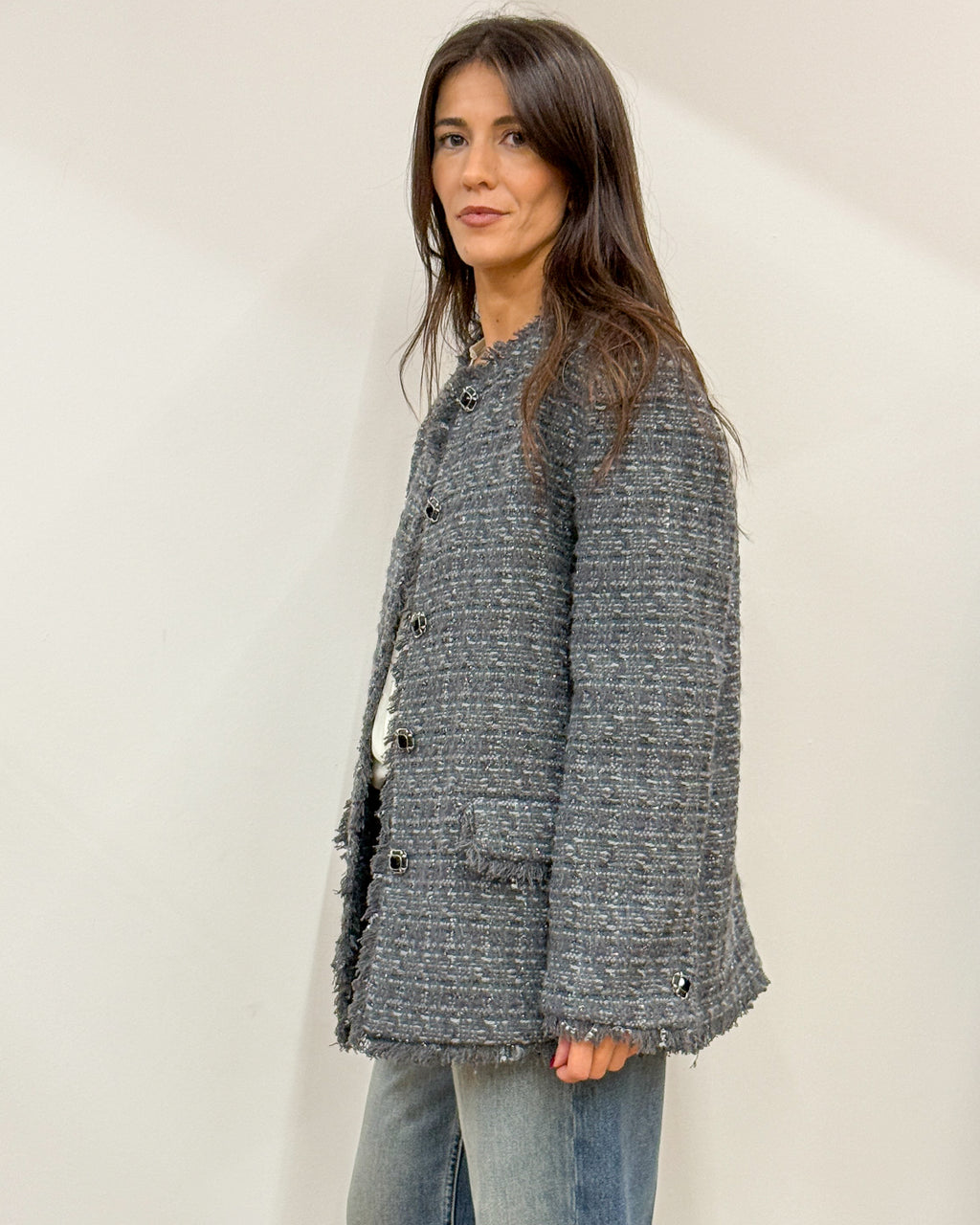 Giacca stile Chanel in Tweed con Bottoni Gioiello - Antracite
