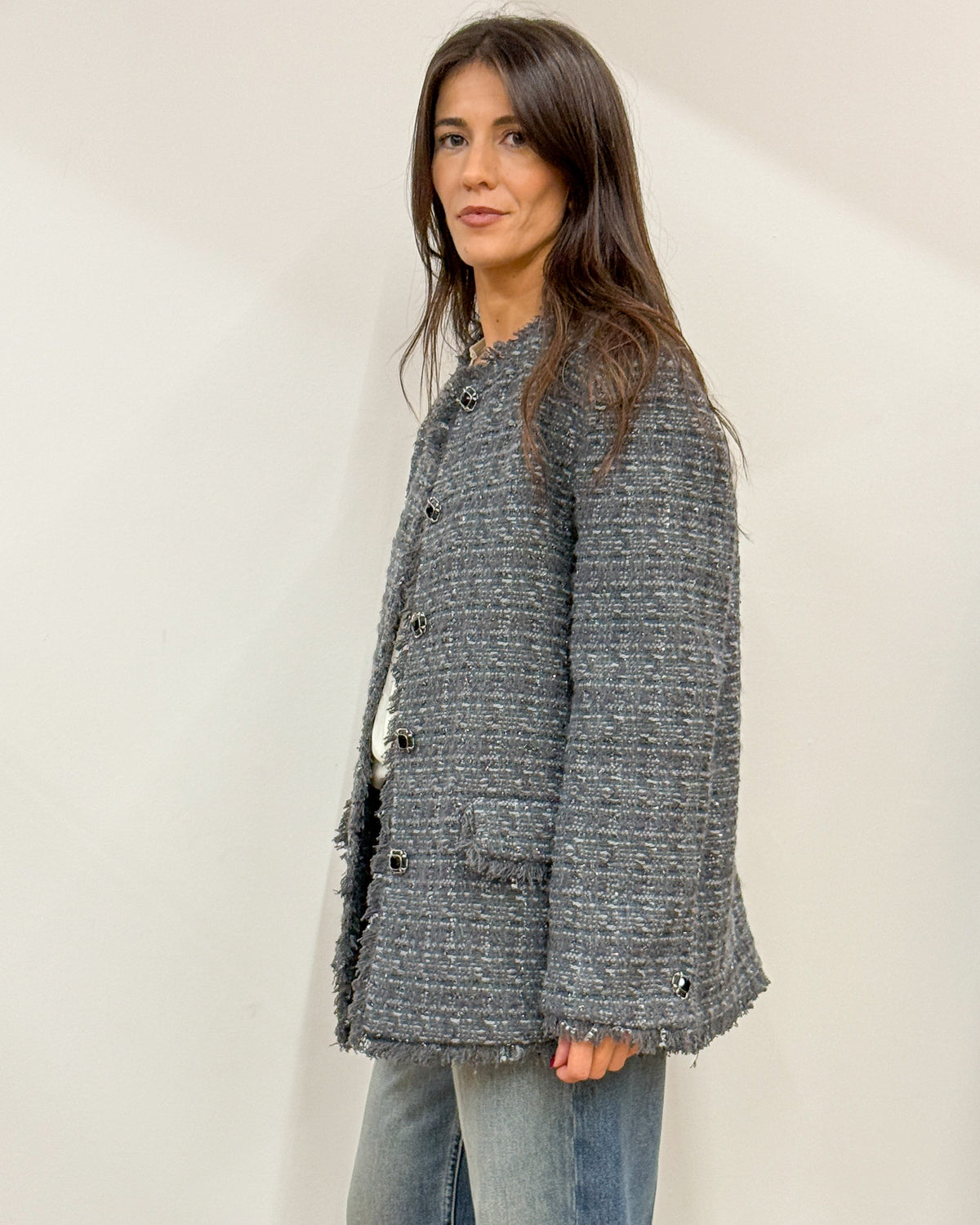 Giacca stile Chanel in Tweed con Bottoni Gioiello - Antracite
