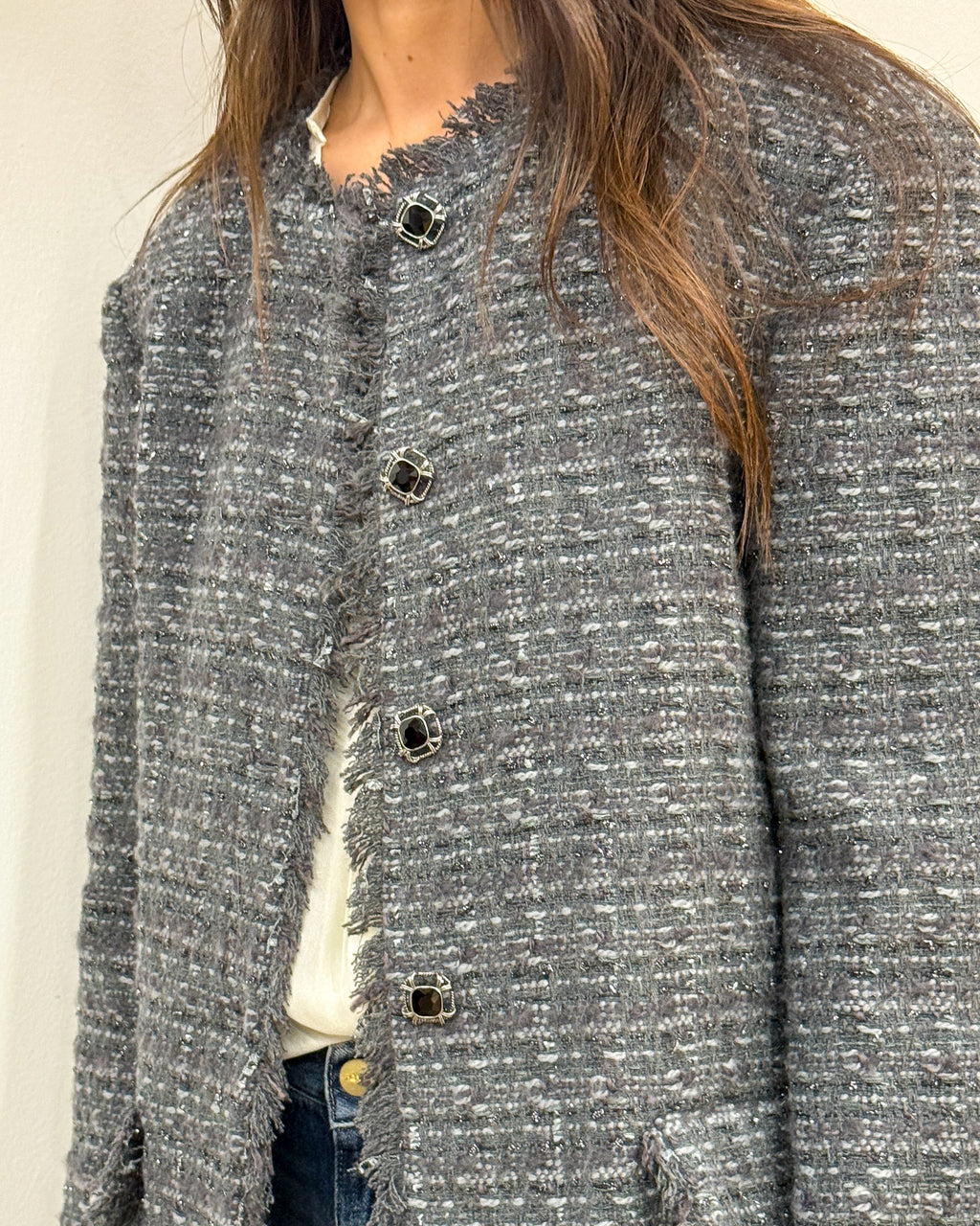 Giacca stile Chanel in Tweed con Bottoni Gioiello - Antracite