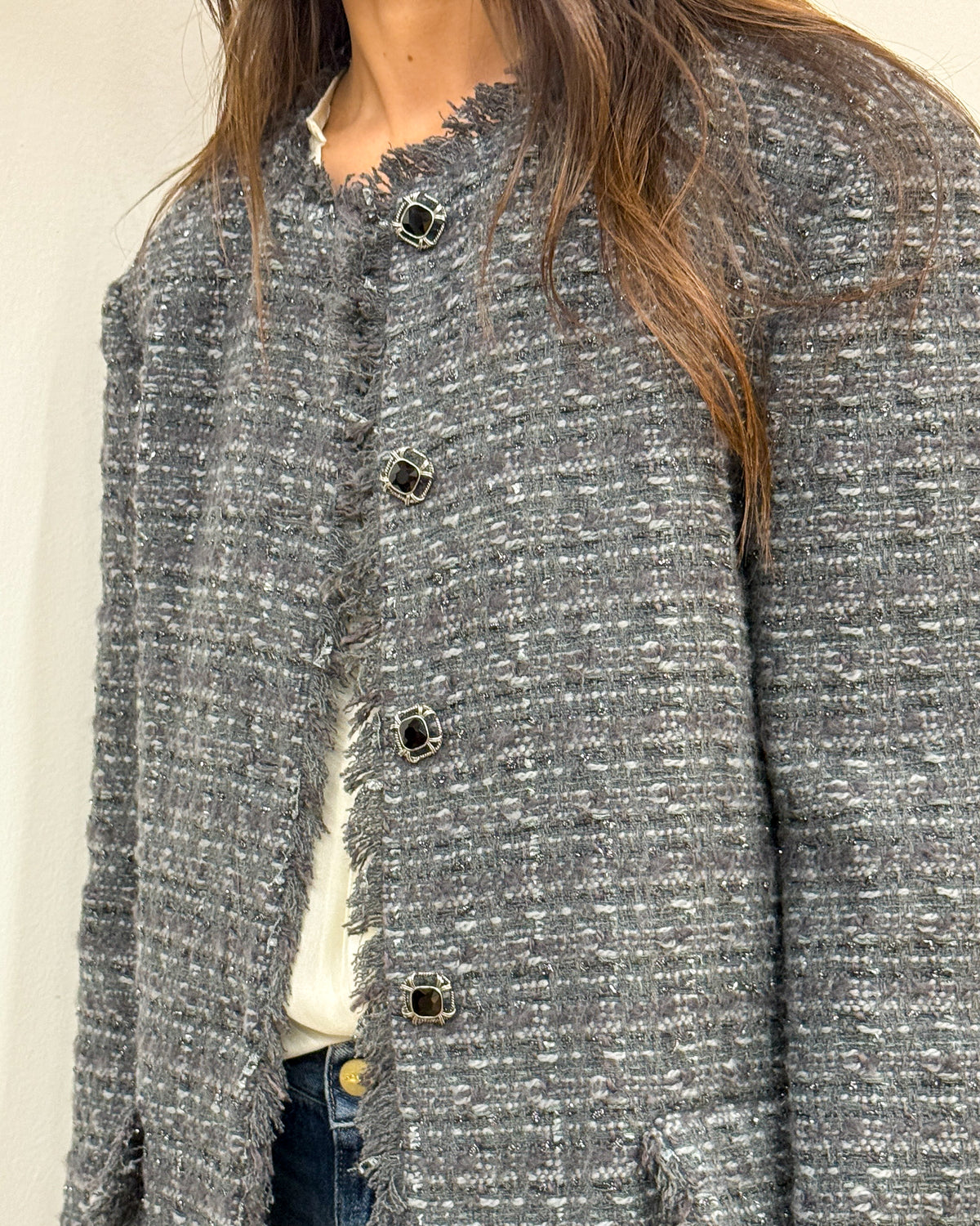 Giacca stile Chanel in Tweed con Bottoni Gioiello - Antracite
