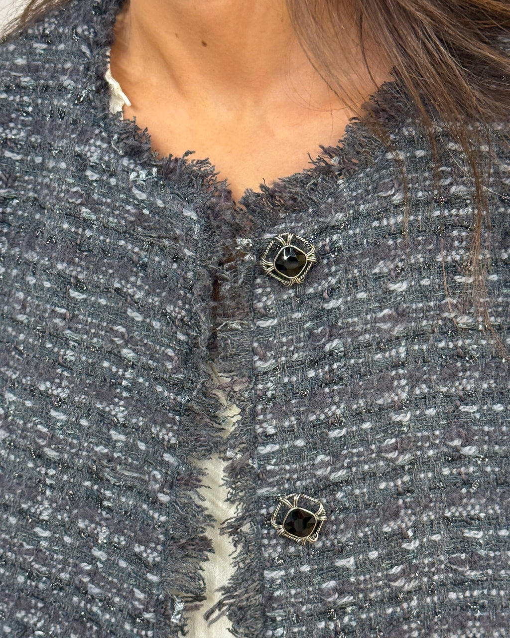 Giacca stile Chanel in Tweed con Bottoni Gioiello - Antracite