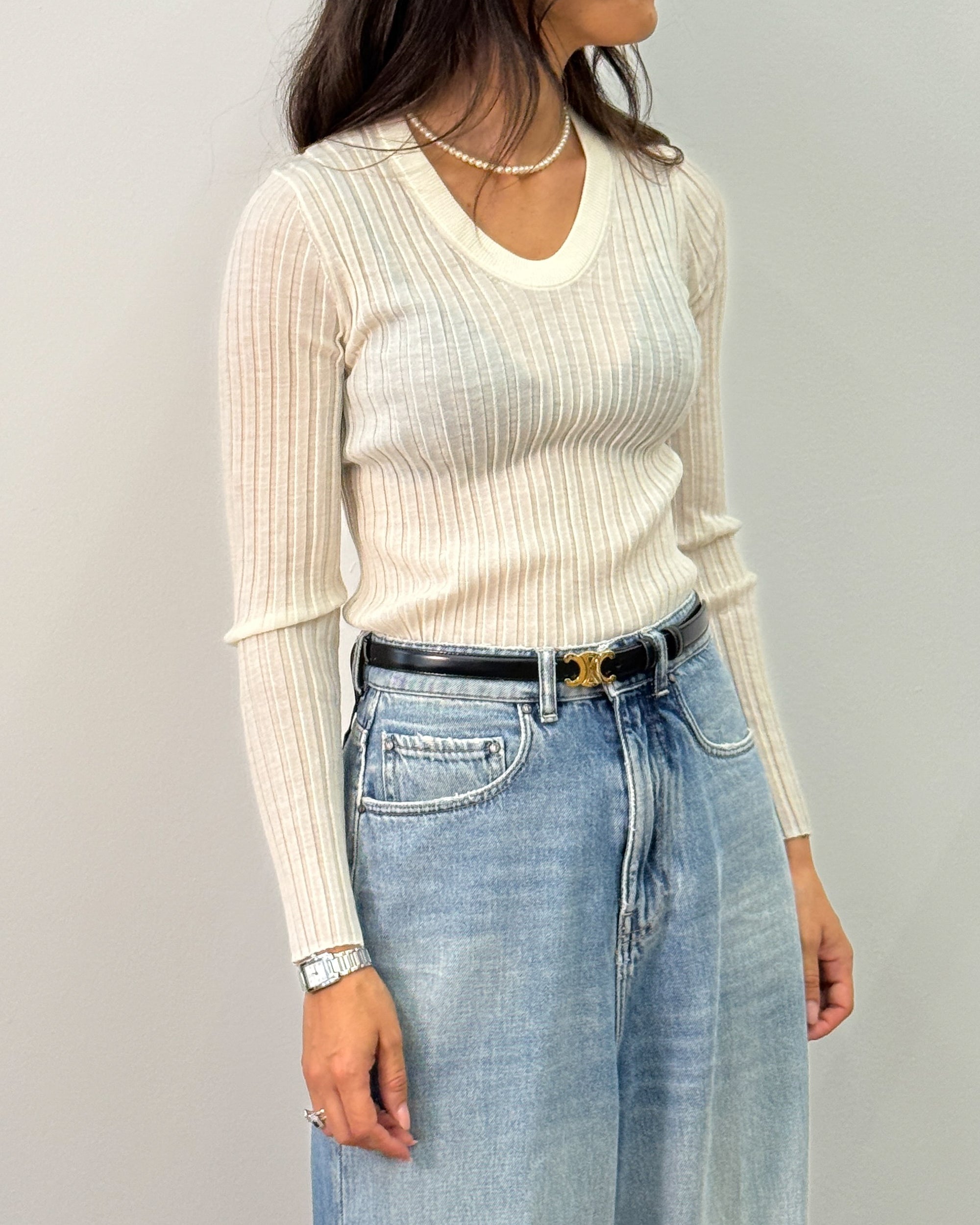 Maglia in Lana a Costa Larga con Scollo a U - Panna | ISABELLE BLANCHE PARIS