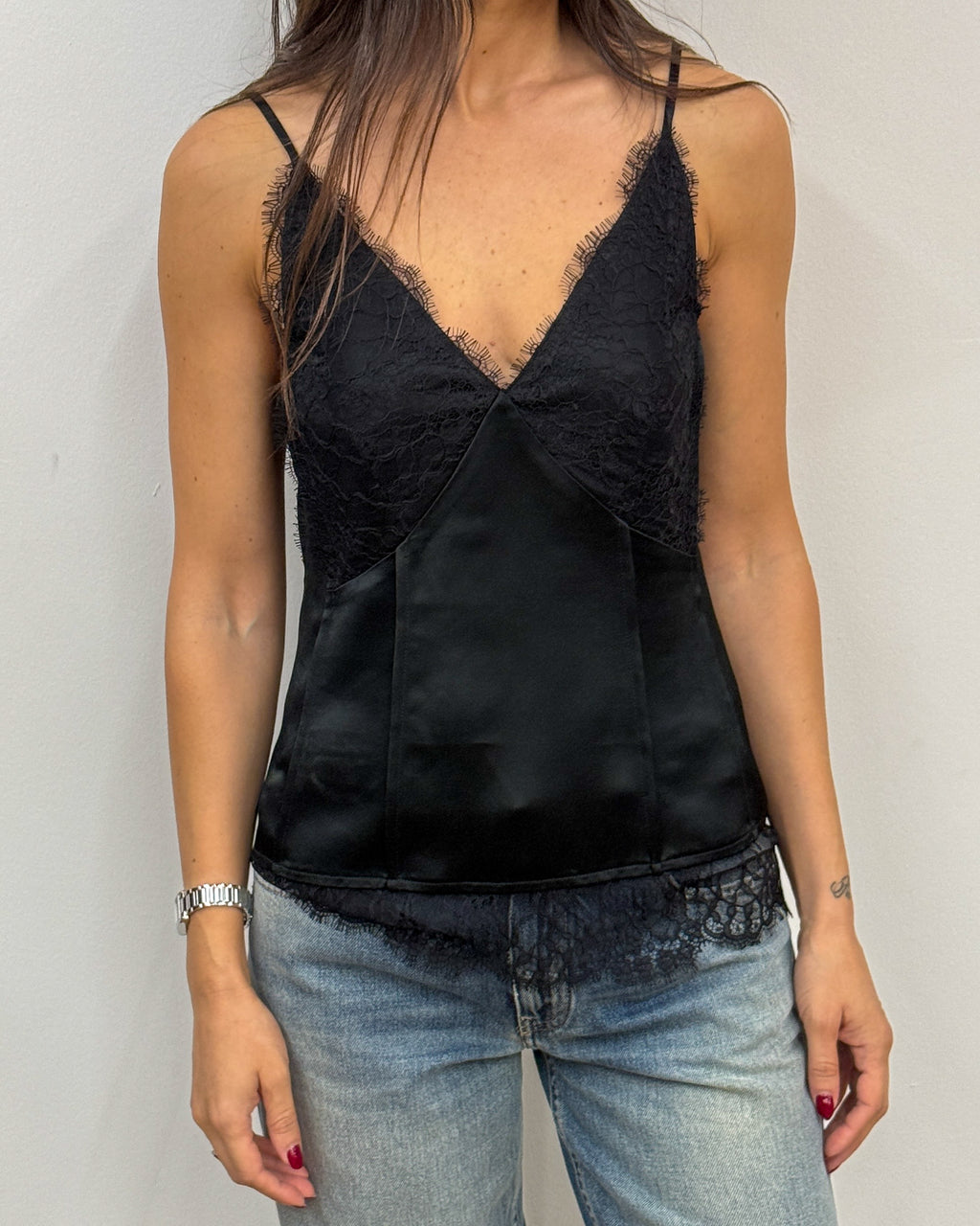 Top Lingerie in Raso con Pizzo Ciglia - Nero