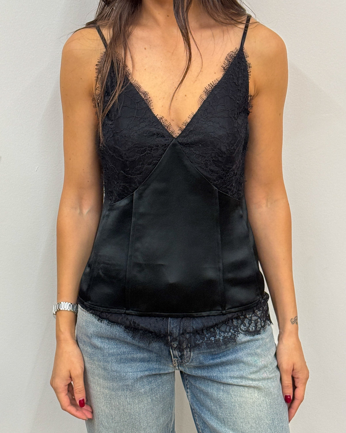 Top Lingerie in Raso con Pizzo Ciglia - Nero