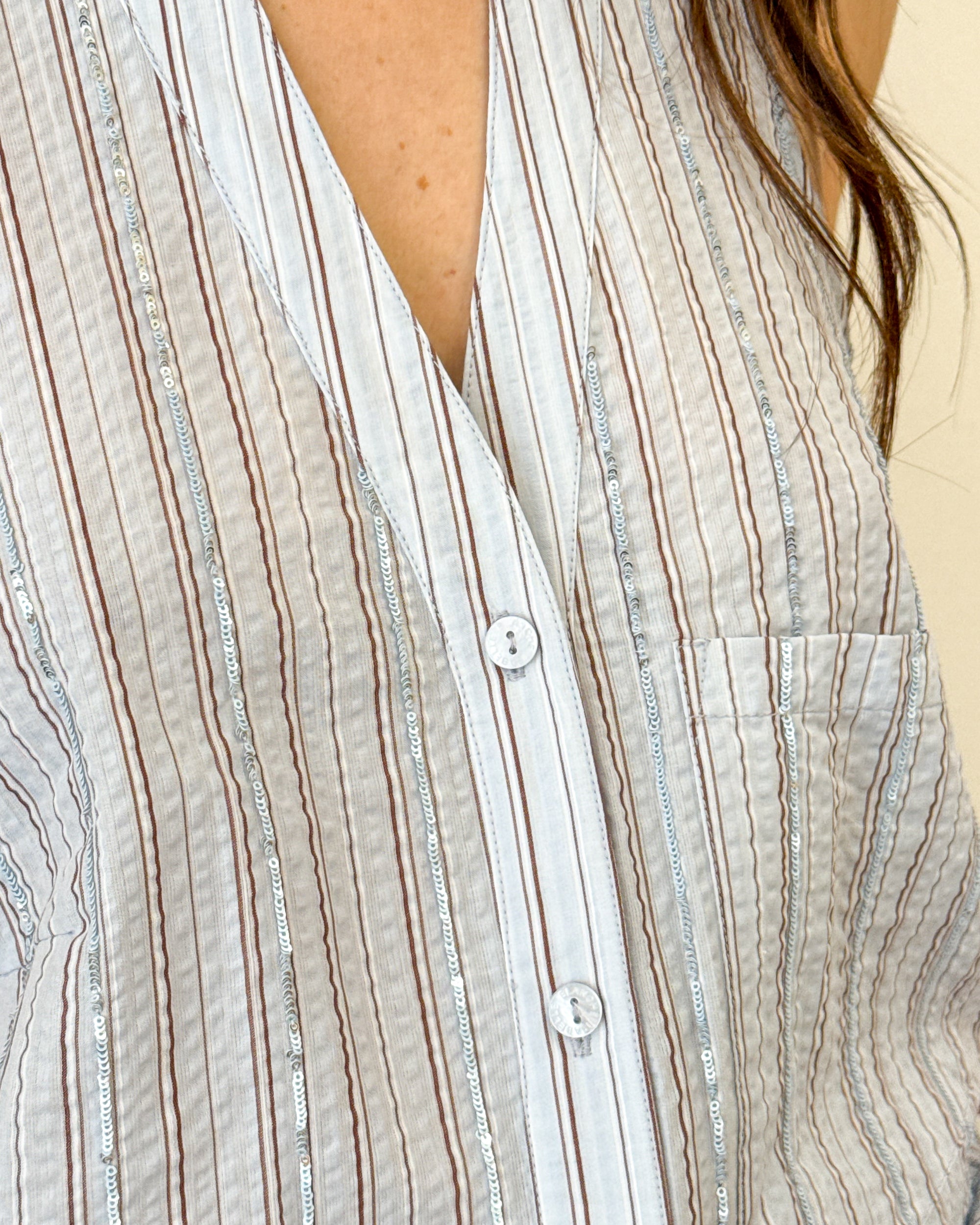Top Camicia Senza Maniche con Paillettes e Schiena Scoperta - Azzurro | ISABELLE BLANCHE PARIS