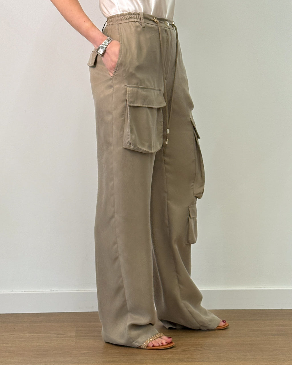 Pantalone Cargo Wide Leg con Vita Elastica e Coulisse - Oil | RAME