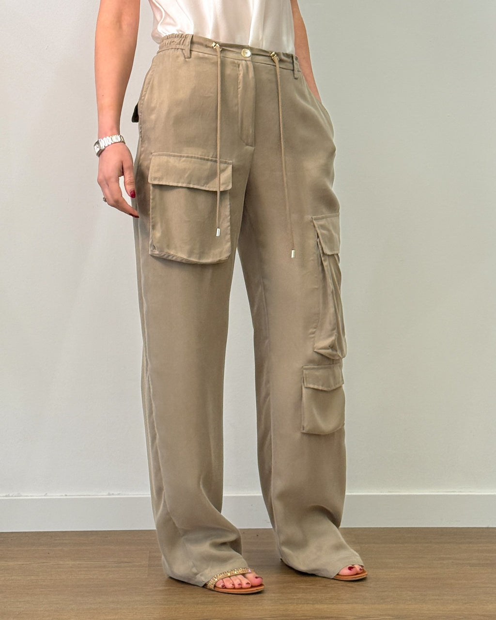 Pantalone Cargo Wide Leg con Vita Elastica e Coulisse - Oil | RAME