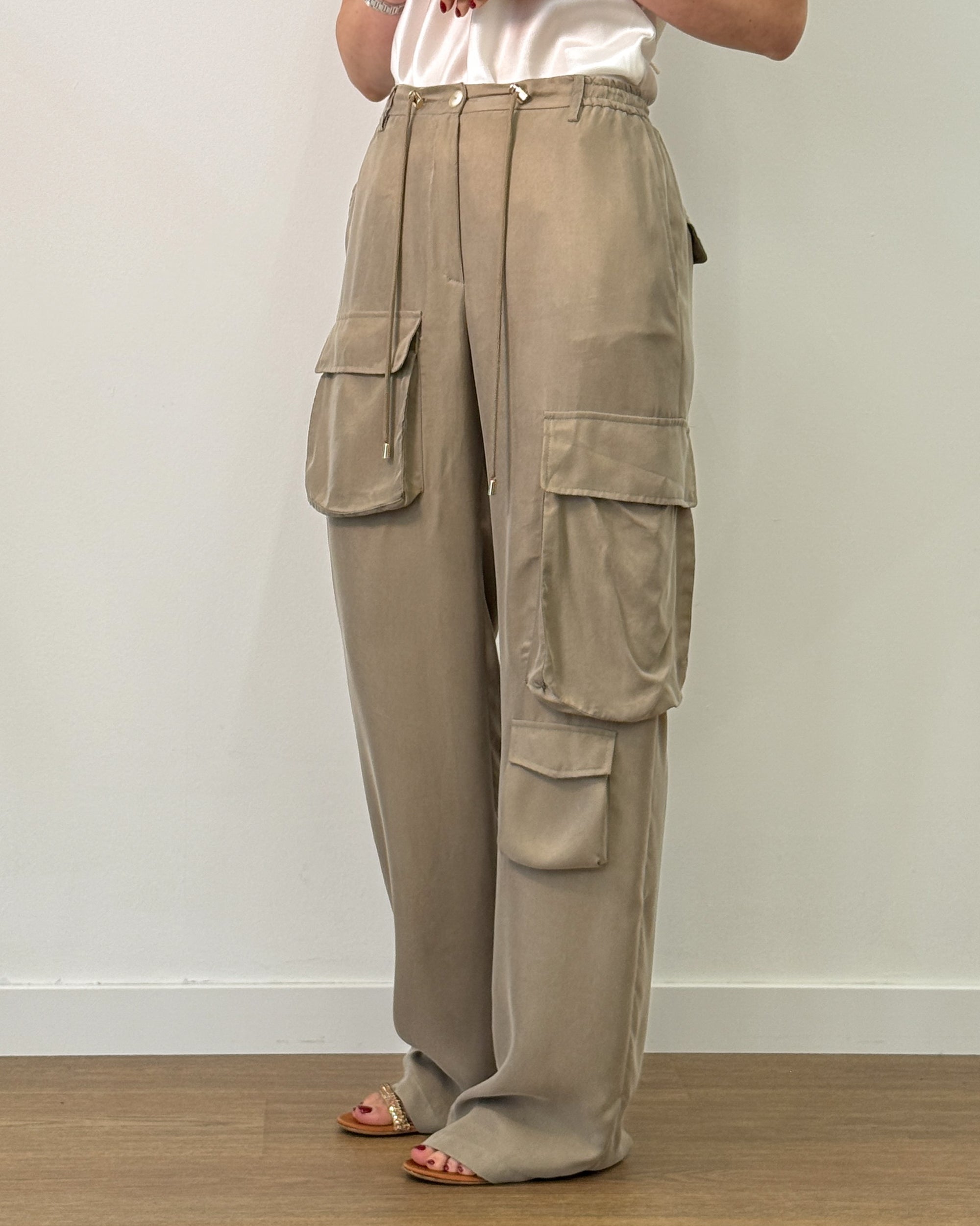 Pantalone Cargo Wide Leg con Vita Elastica e Coulisse - Oil | RAME