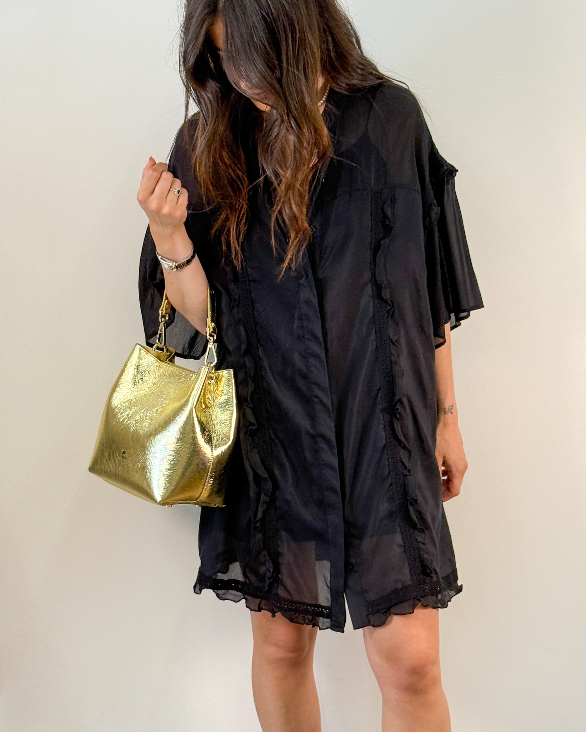 Abito Chemisier Oversize in Seta e Cotone con Rouches - Nero | ISABELLE BLANCHE