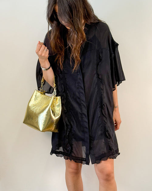 Abito Chemisier Oversize in Seta e Cotone con Rouches - Nero | ISABELLE BLANCHE