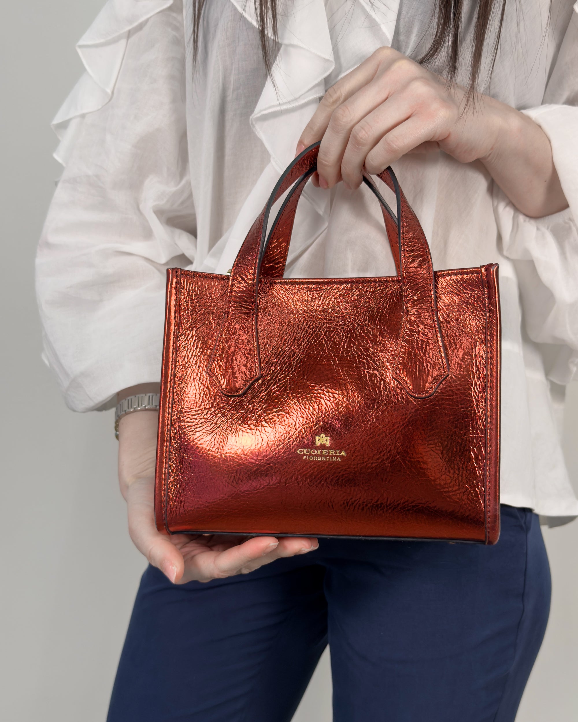 Borsa Dora Small Tote in Pelle Laminata - Cherry - Gold Boutique