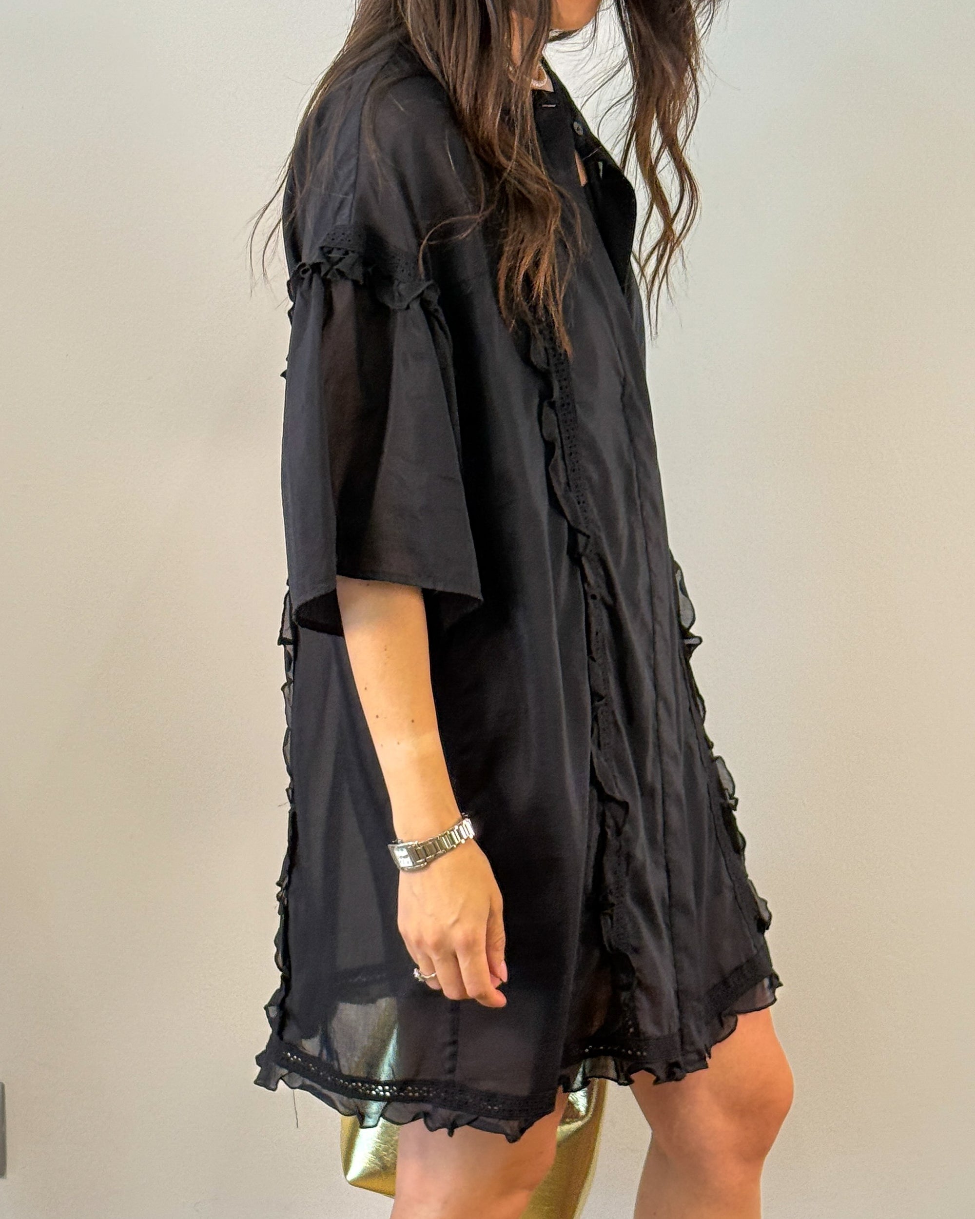 Abito Chemisier Oversize in Seta e Cotone con Rouches - Nero | ISABELLE BLANCHE