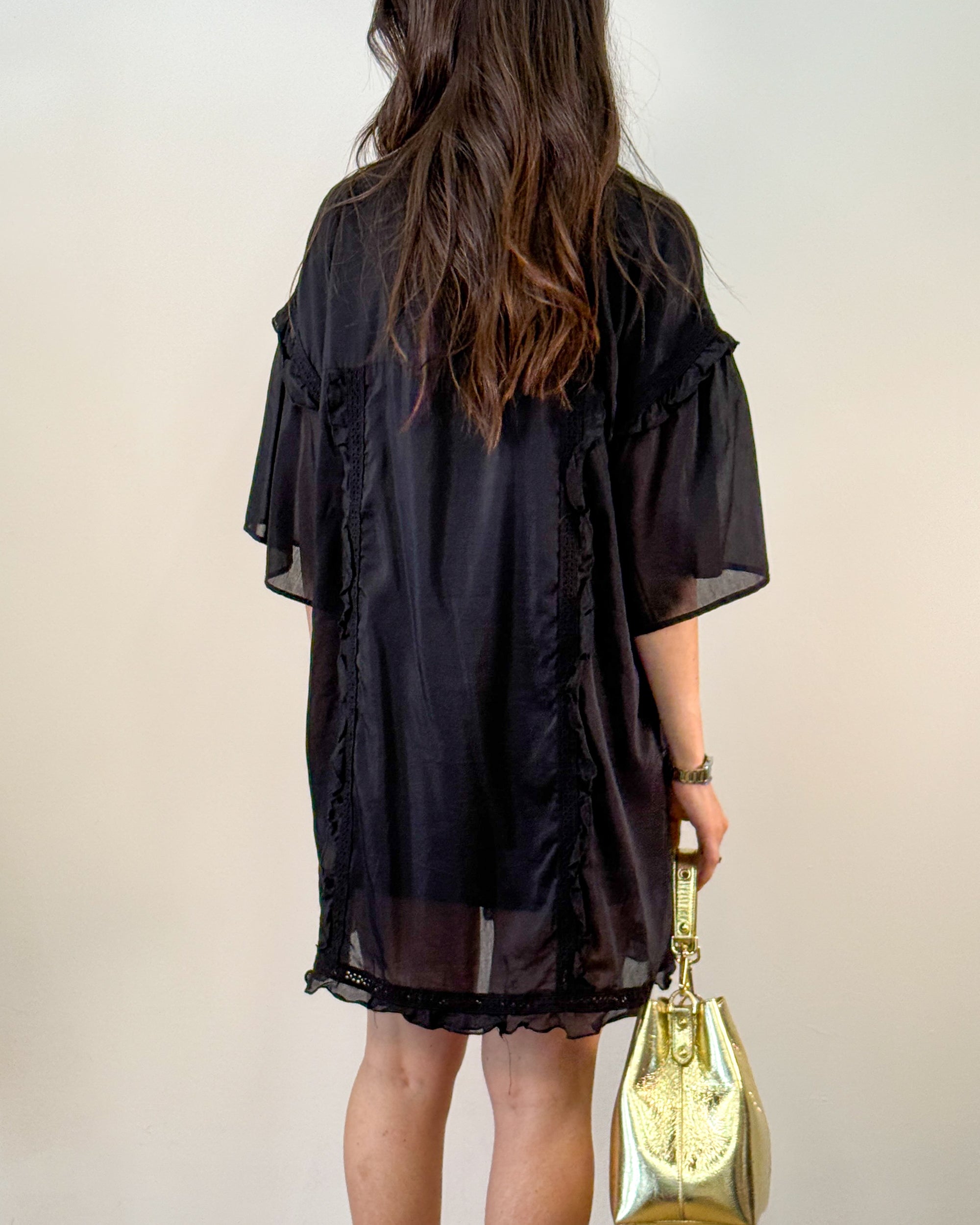 Abito Chemisier Oversize in Seta e Cotone con Rouches - Nero | ISABELLE BLANCHE