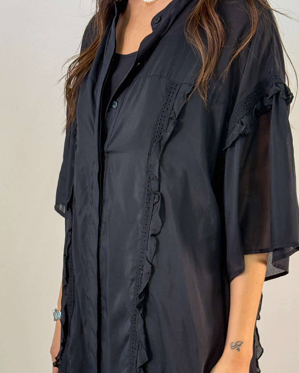 Abito Chemisier Oversize in Seta e Cotone con Rouches - Nero | ISABELLE BLANCHE