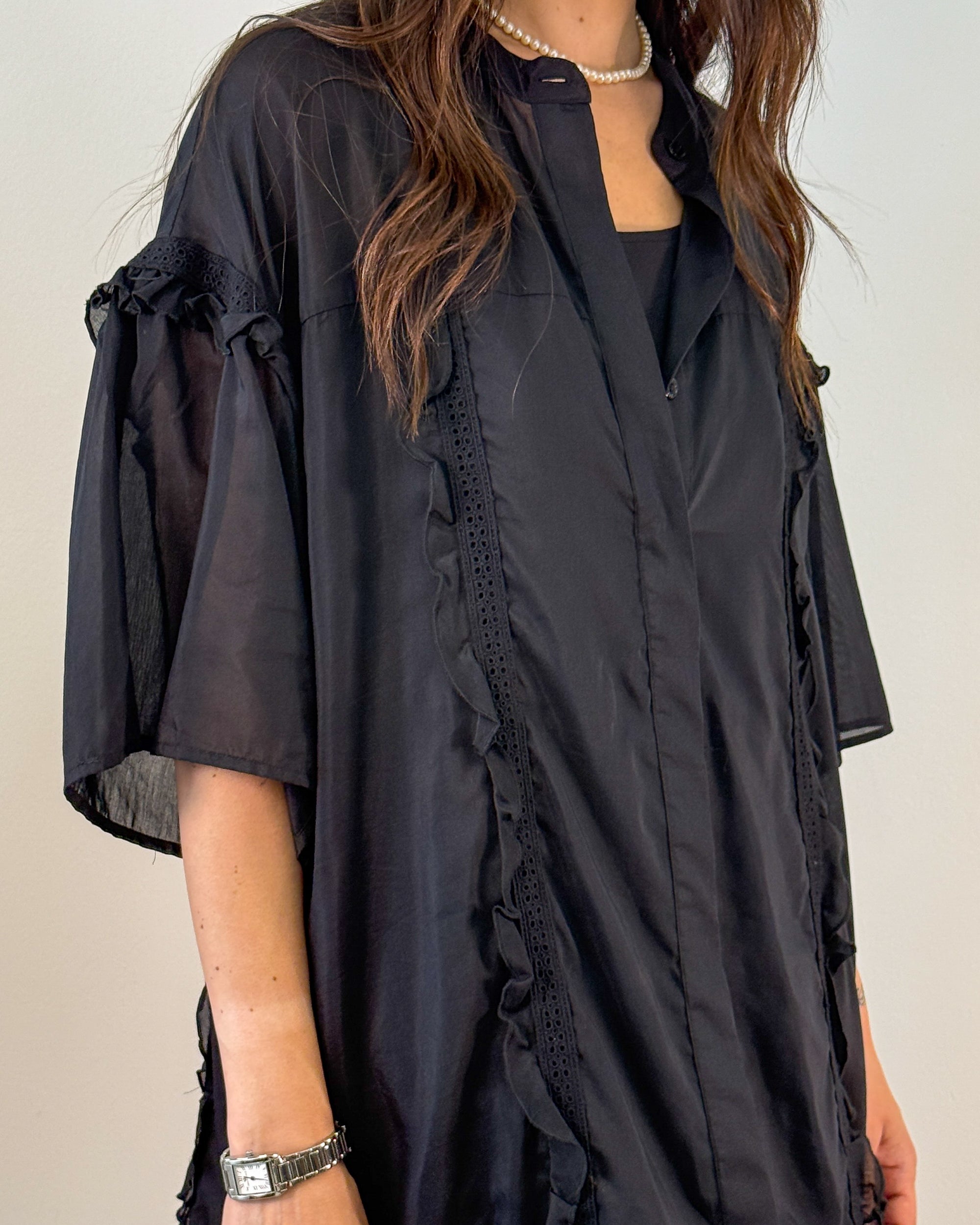 Abito Chemisier Oversize in Seta e Cotone con Rouches - Nero | ISABELLE BLANCHE