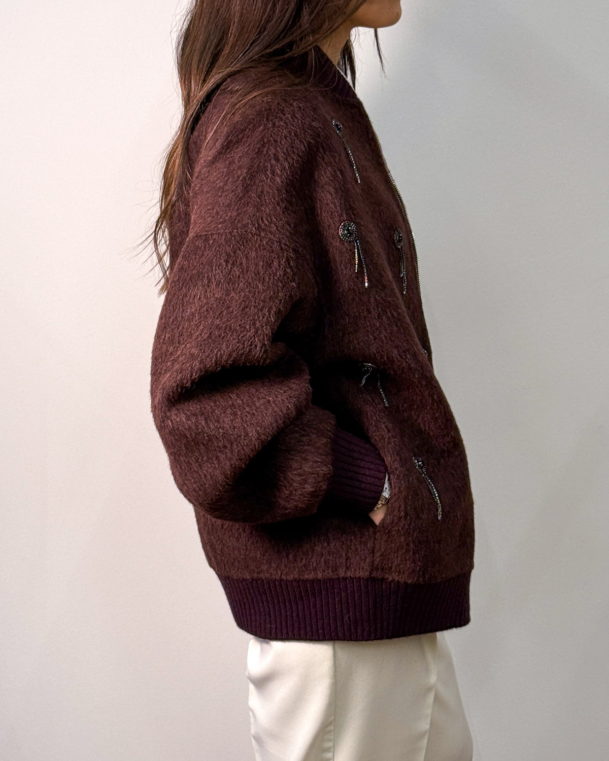 Bomber in Lana e Alpaca con Applicazioni Gioiello - Burgundy