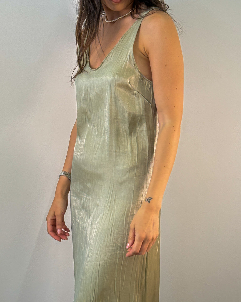 Abito Lungo Slip in Viscosa Metallizzata - Verde Salvia | RAME