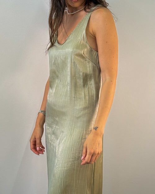 Abito Lungo Slip in Viscosa Metallizzata - Verde Salvia | RAME